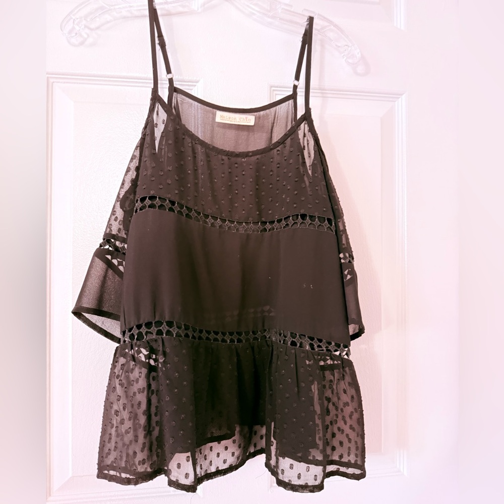 T142- Elegant Black Sheer Blouse with Spaghetti Straps